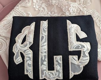 Scalloped MONOGRAM Wedding Dress Keepsake, Repurposed Wedding Dress Sweatshirt, Wife Crewneck with Wedding Gown, Bride Applique Sweatshirt