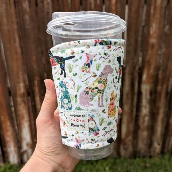 Drink Cozy, Dog Lover Drink Sleeve, Dog Mom Flower Iced Coffee Cozy, Iced Coffee Sleeve, Pretty floral Dogs, Drink Holder, Dog Mom Gifts