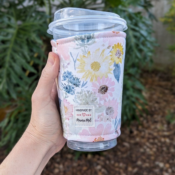 Watercolor Floral Drink Cozy, Iced Coffee Sleeve, Coffee Cozie, Iced Coffee Cozy, Mothers Day Gift, Gift for Coffee Lover, Wildflower Paints