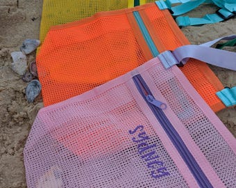 Embroidered Mesh Seashell Collecting Bags for the beach, Kid's adjustable shell collecting beach bag