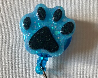 Small Paw Print Badge Reel Blue with Black Toes