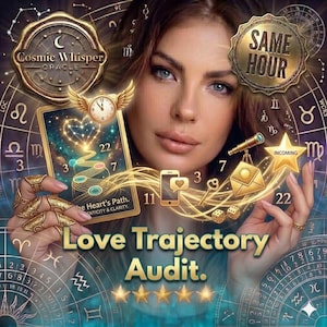 Puede incluir: Imagen con una mujer, cartas del tarot, un reloj y símbolos astrológicos. La carta muestra un camino de corazón con números. Acentos dorados y el texto "Love Trajectory Audit" también están presentes.
