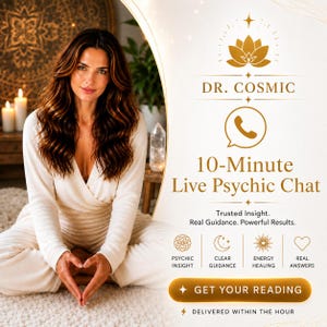 Può includere: Una pubblicità per la chat psichica dal vivo di 10 minuti del Dr. Cosmic. L'immagine presenta una donna in abito bianco, con lunghi capelli castani, seduta a gambe incrociate. Il testo include "Approfondimento fidato" e "Ottieni la tua lettura".