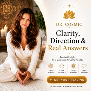 May include: An advertisement for Dr. Cosmic featuring a woman in a white outfit. The text reads "Clarity, Direction & Real Answers." Additional text includes "Psychic Insight," "Clear Guidance," "Energy Healing," and "Real Answers."