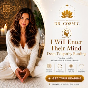 May include: An advertisement for Dr. Cosmic featuring a woman in a white outfit. The text reads "I Will Enter Their Mind Deep Telepathy Reading." Additional text includes "Psychic Insight," "Clear Guidance," "Energy Healing," and "Real Answers."