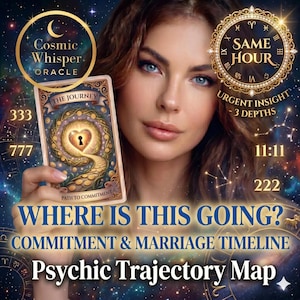 May include: An image featuring a woman holding a tarot card with the text "THE JOURNEY" and "PATH TO COMMITMENT." The card has a heart-shaped keyhole design. The image also includes the text "WHERE IS THIS GOING?" and "Psychic Trajectory Map."