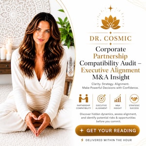 May include: A promotional graphic for Dr. Cosmic Corporate Partnership Compatibility Audit featuring a lotus icon, text detailing executive alignment and M&A insight, four service icons, and a gold button labeled GET YOUR READING.