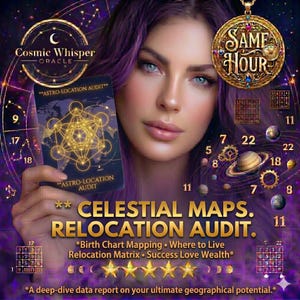 Puede incluir: Imagen de una mujer con cabello púrpura sosteniendo una tarjeta con diseños geométricos y el texto "ASTRO-LOCATION AUDIT". La imagen incluye el texto "CELESTIAL MAPS. RELOCATION AUDIT." y "Cosmic Whisper ORACLE."