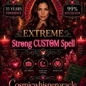 May include: A promotional graphic featuring a person with long brown hair surrounded by red roses, candles, and crystals. Text includes 35 YEARS EXPERIENCE, 99% SUCCESS RATE, EXTREME Strong CUSTOM Spell, LIVE PHOTO, SAME DAY CASTING, HAND-CAST, and Cosmicwhisperoracle.