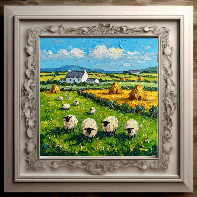 Ireland Cottage Painting Sheep Original Oil Lamb Art Impasto Cardboard ...