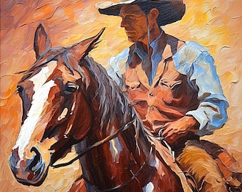 Cowboy on Horse Oil Painting Original Impasto Western Canvas Art by ArtElenaBerezina