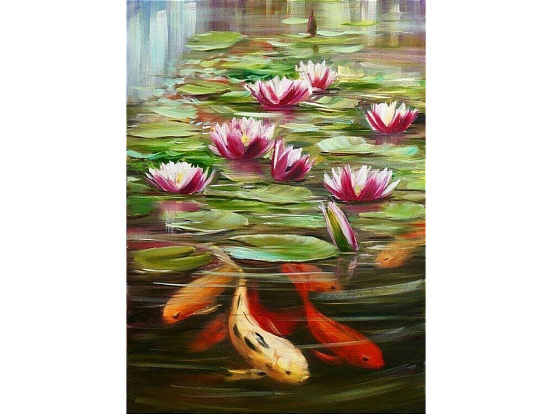 Koi Fish Oil Painting Original Water Lilies Pond Art Zen Decor by ...