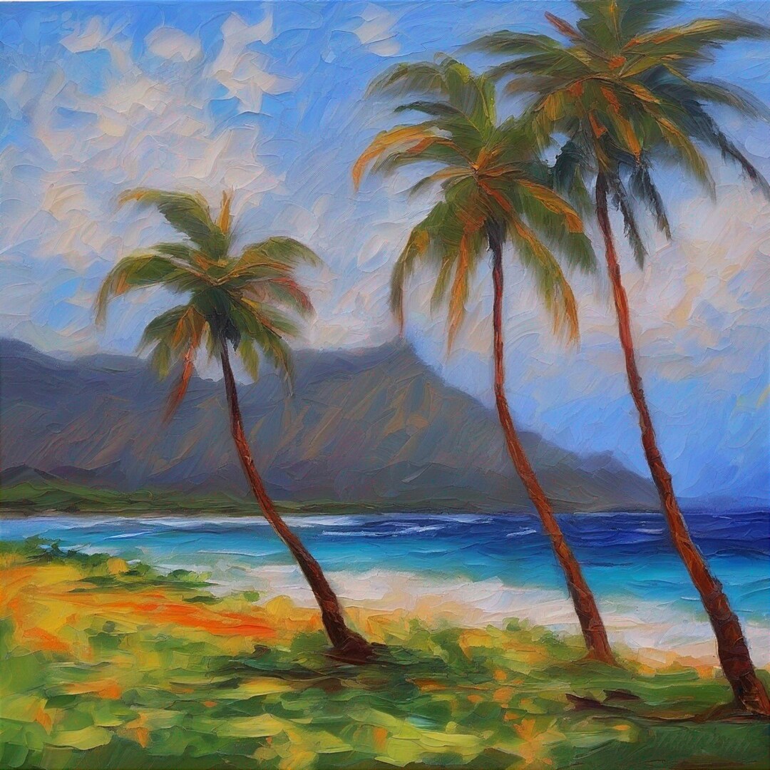 Oahu Hawaii Painting Palm Trees Original Art Seascape Impasto Oil