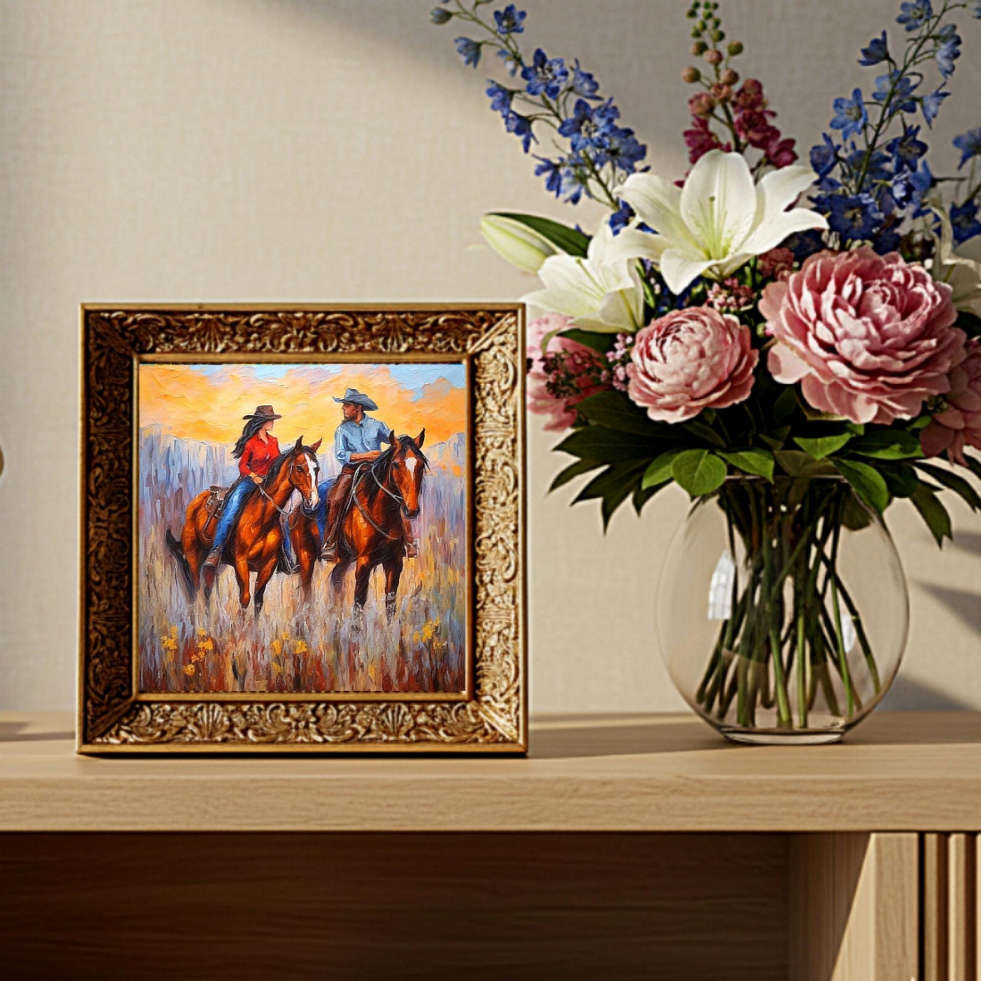 Couple Cowboy on Horse Oil Painting Original Impasto Western Art by ...