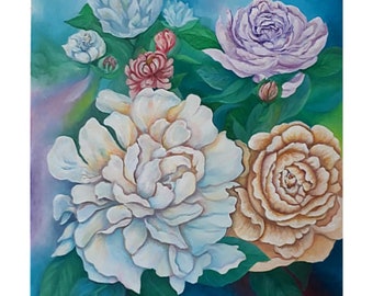 Peony Original Oil Painting Floral Wall Art Canvas Stretcher 20x24 inches