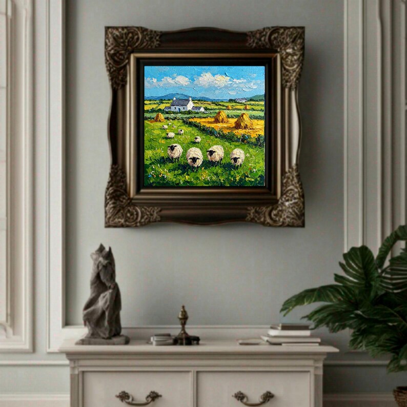 Ireland Cottage Painting Sheep Original Oil Lamb Art Impasto Cardboard ...