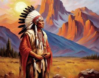 American Indian Painting Chief Oil Original Western Art Mountain Landscape Canvas by ArtElenaBerezina