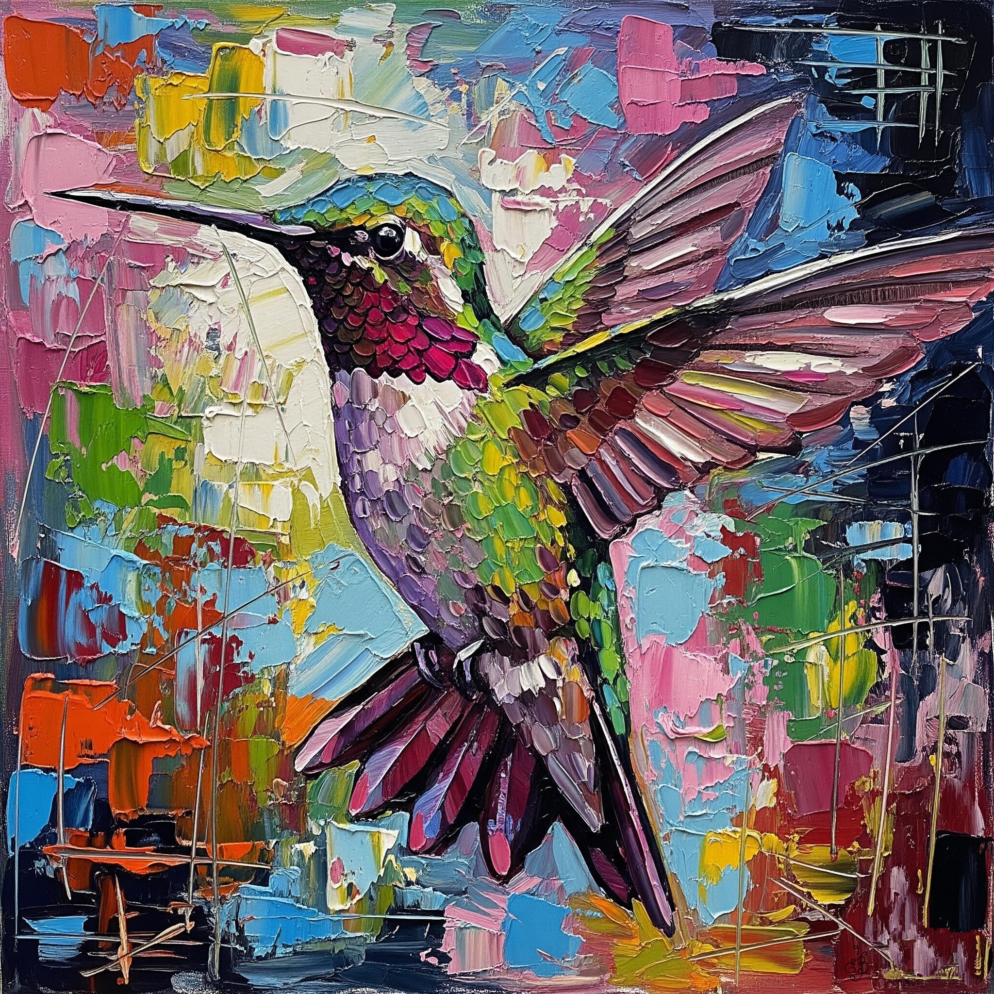 Montanari Papagallo 油彩画 50x70 cm Hummingbird Original Oil Painting Impasto Bird Art by