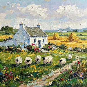 Ireland Painting Cottage Original Art Sheeps Painting Lamb Art Farm Animal Impasto Oil Artwork Custom Gift by ArtElenaBerezina