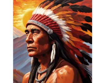 American Indian Painting Original Oil Chief Portrait Western Art Impasto Canvas by ArtElenaBerezina