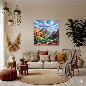 May include: A vibrant landscape painting depicts a canyon scene with towering red rock formations, a winding river, and lush green vegetation. The sky is a mix of blue and white clouds. The artwork is displayed above a beige sofa.