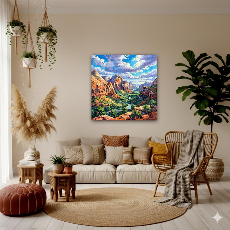 May include: A vibrant landscape painting depicts a canyon scene with towering red rock formations, a winding river, and lush green vegetation. The sky is a mix of blue and white clouds. The artwork is displayed above a beige sofa.