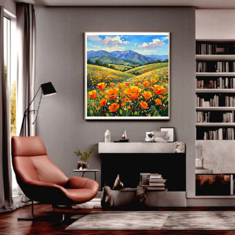 California Poppy Painting Meadow Original Impasto Oil Landscape Art ...