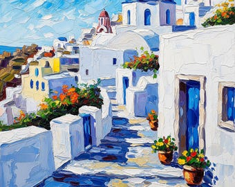 Santorini Impasto Oil Painting Greek Island Seascape Art Custom
