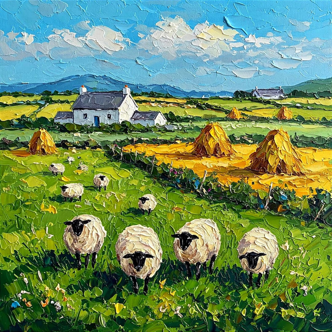 Ireland Cottage Painting Sheep Original Oil Lamb Art Impasto Cardboard ...