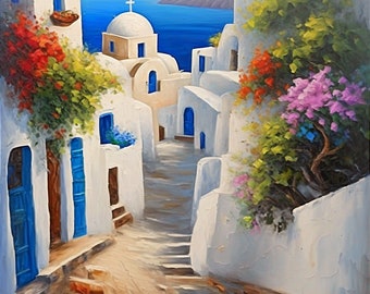 Santorini Painting Greece Original Art Greek Island Impasto Oil Painting Seascape Artwork Custom