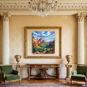 May include: An oil painting of a canyon landscape with a river winding through it. The artwork features vibrant colors, with red rock formations, green vegetation, and a blue sky with fluffy white clouds. The painting is displayed in a gold frame.