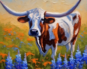 Longhorn Cow Oil Painting Original Texas Wildflower Impasto Art Cardboard Custom