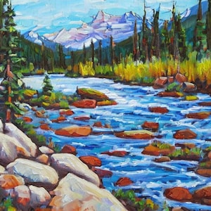Colorado River Painting Rocky Mountains Original Art Pine Tree Fall Impasto Oil Painting Hiking Wall Art Custom Gift by ArtElenaBerezina