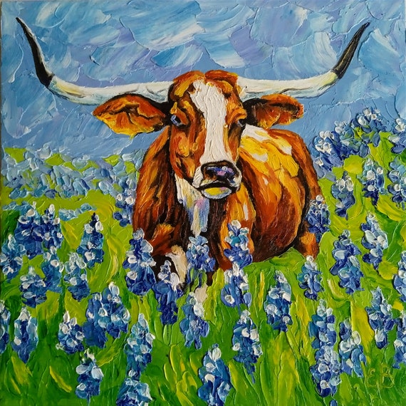 Longhorn Painting Bluebonnet Original Impasto Oil Texas Farmhouse
