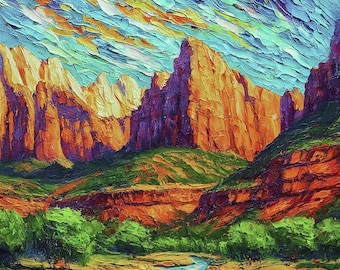 Zion National Park Original Oil Painting Utah Canyon Landscape Art Canvas by ArtElenaBerezina