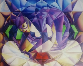 Kubistische Malerei Katze Frau Originale Öl Leinwand Kunst (24x24 zoll) von ArtElenaBerezina
