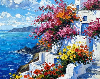Santorini Impasto Oil Painting Greek Island Seascape Art by ArtElenaBerezina