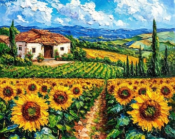 Tuscany Sunflower Original Oil Painting Italian Meadow Landscape Art Impasto Canvas by ArtElenaBerezina