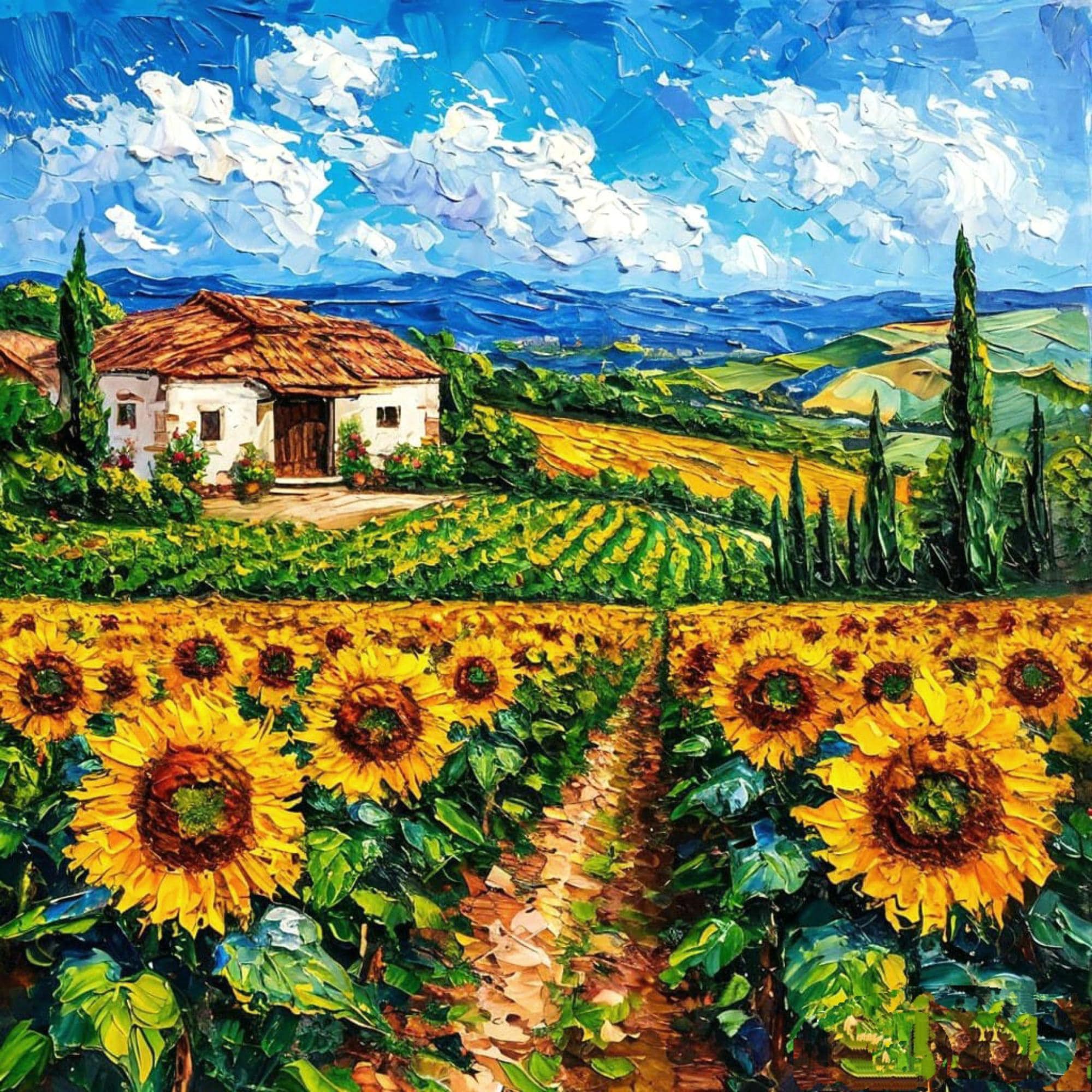 Tuscany Sunflower Original Oil Painting Italian Meadow Landscape Art ...