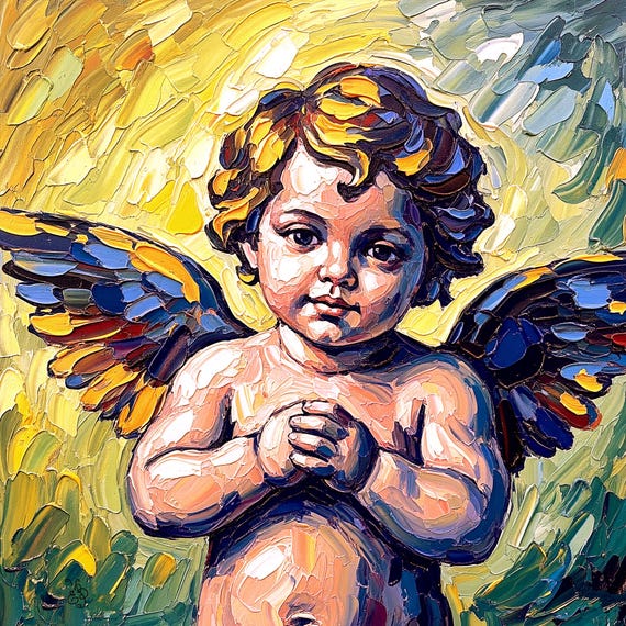 【SM号】 天使候補 01 油画 油彩 oil painting Vintage Cupid Oil Painting Original Cherub Angel Wall Art by