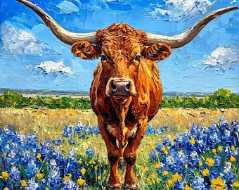 May include: Oil painting of a Longhorn steer with large horns, standing in a field of bluebonnets and yellow wildflowers. The sky is blue with white clouds. The steer is brown with a detailed texture.