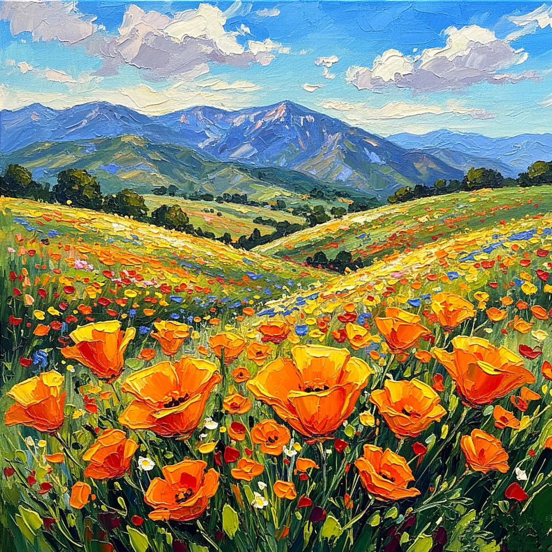 California Poppy Painting Meadow Original Impasto Oil Landscape Art ...