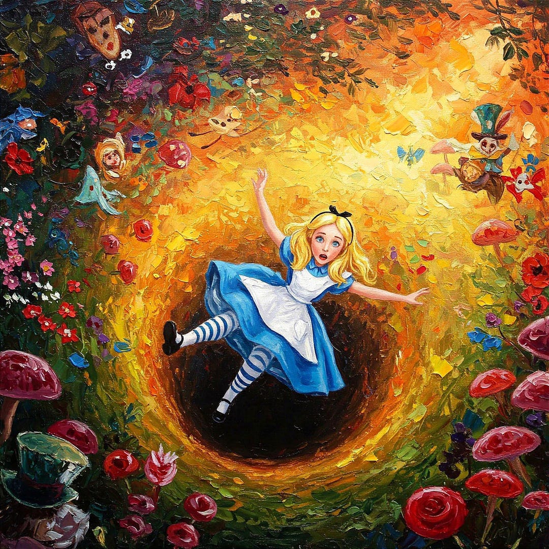 Alice in Wonderland Oil Painting Original Mushroom Cheshire Cat
