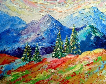 Colorado Rocky Mountains Painting Original Pine Tree Impasto Oil Painting (6x8 inches) Cardboard Custom
