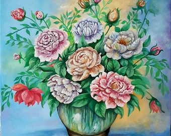 Original Ölgemälde Pfingstrose Original Ölgemälde Stillleben 12x12 Keilrahmen
