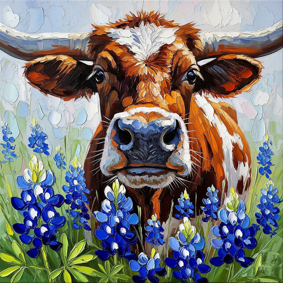 Longhorn & Bluebonnet Painting Original Texas Cow Wildflower Art