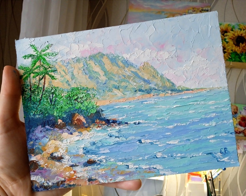 Oahu Hawaii Painting Palm Trees Original Art Seascape Impasto Oil Painting Oahu Wall Art 6 x 8 inches Gift Painting