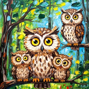 Owl Family Painting Bird Original Art Animal Eagle Owl Artwork Impasto Oil Painting Custom Gift Painting by ArtElenaBerezina