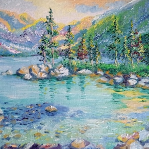 Tahoe Lake Painting Sequoia Original Art Painting California Landscape Impasto Oil 12 × 8 inches Gift Painting