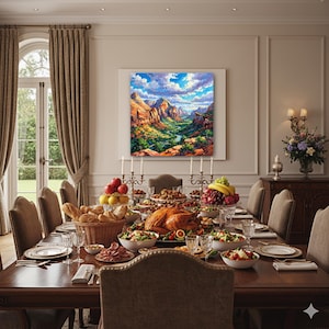 May include: A formal dining room with a long, dark wood table set for a meal. A large painting of a canyon landscape hangs on the wall. The table is laden with food, including a roasted turkey, salads, and fruit.
